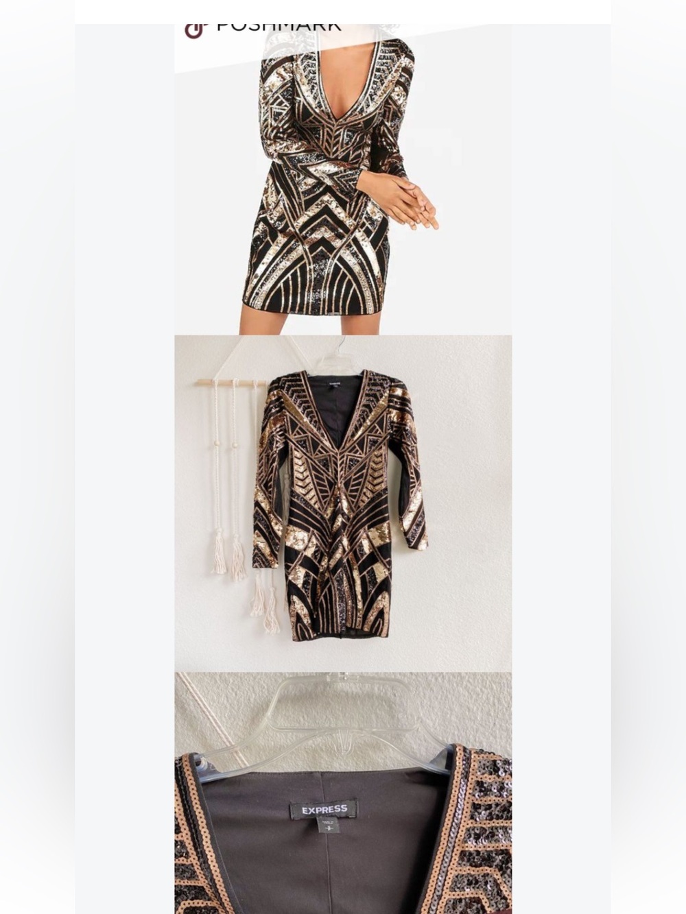 Express Black and Gold Sequin V-Neck Long Sleeve Bodycon Dress